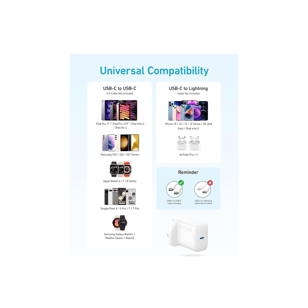 Anker USB C Plug 20W Ultra Fast Wall Charger With USB-C Cable - White in Qatar Anker USB C Plug 20W Ultra Fast Wall Charger With USB-C Cable - White in Qatar